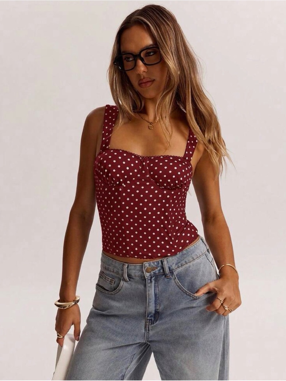❥𝖲𝖧𝖤𝖨𝖭: Women’s Polka Dot Bustier Tank Top - Wine